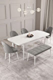 Calvin Beyaz 80x132 MDF Açılabilir Mutfak Masası Takımı 4 Sandalye, 1 Bench