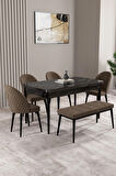 Milas Siyah Mermer Desen 80x132 MDF Açılabilir Mutfak Masası Takımı 4 Sandalye, 1 Bench