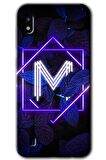 Galaxy A10 Kılıf HD Desen Baskılı Arka Kapak - Dark Neon Yaprak M Harfi 