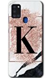 Galaxy A21s Kılıf HD Desen Baskılı Arka Kapak - Pembe Mermer Desenli K Harfi 