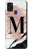 Galaxy A21s Kılıf HD Desen Baskılı Arka Kapak - Pembe Mermer Desenli M Harfi 