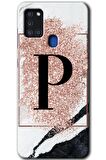 Galaxy A21s Kılıf HD Desen Baskılı Arka Kapak - Pembe Mermer Desenli P Harfi 