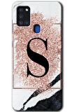 Galaxy A21s Kılıf HD Desen Baskılı Arka Kapak - Pembe Mermer Desenli S Harfi 