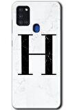 Galaxy A21s Kılıf HD Desen Baskılı Arka Kapak - Beyaz Mermer Desenli H Harfi 