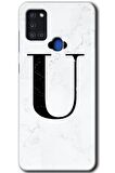 Galaxy A21s Kılıf HD Desen Baskılı Arka Kapak - Beyaz Mermer Desenli Ü Harfi 
