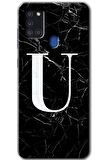 Galaxy A21s Kılıf HD Desen Baskılı Arka Kapak - Siyah Mermer Desenli U Harfi 