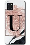 Galaxy A81 Kılıf HD Desen Baskılı Arka Kapak - Pembe Mermer Desenli U Harfi 