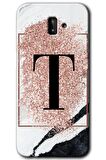 Galaxy J8 Kılıf HD Desen Baskılı Arka Kapak - Pembe Mermer Desenli T Harfi 