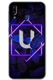 Galaxy M10 Kılıf HD Desen Baskılı Arka Kapak - Dark Neon Yaprak U Harfi 
