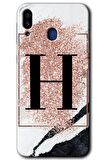 Galaxy M20 Kılıf HD Desen Baskılı Arka Kapak - Pembe Mermer Desenli H Harfi 