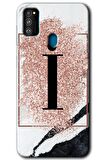 Galaxy M21 Kılıf HD Desen Baskılı Arka Kapak - Pembe Mermer Desenli İ Harfi 