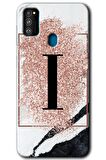 Galaxy M21 Kılıf HD Desen Baskılı Arka Kapak - Pembe Mermer Desenli I Harfi 