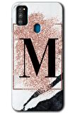 Galaxy M21 Kılıf HD Desen Baskılı Arka Kapak - Pembe Mermer Desenli M Harfi 