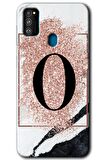 Galaxy M21 Kılıf HD Desen Baskılı Arka Kapak - Pembe Mermer Desenli O Harfi 