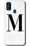 Galaxy M21 Kılıf HD Desen Baskılı Arka Kapak - Beyaz Mermer Desenli M Harfi 