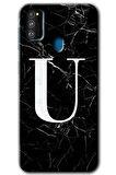 Galaxy M21 Kılıf HD Desen Baskılı Arka Kapak - Siyah Mermer Desenli U Harfi 