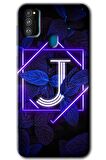 Galaxy M21 Kılıf HD Desen Baskılı Arka Kapak - Dark Neon Yaprak J Harfi 