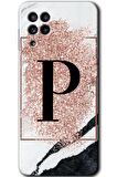 Galaxy M22 Kılıf HD Desen Baskılı Arka Kapak - Pembe Mermer Desenli P Harfi 