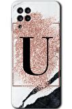 Galaxy M22 Kılıf HD Desen Baskılı Arka Kapak - Pembe Mermer Desenli U Harfi 