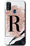 Galaxy M30s Kılıf HD Desen Baskılı Arka Kapak - Pembe Mermer Desenli R Harfi 