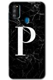 Galaxy M30s Kılıf HD Desen Baskılı Arka Kapak - Siyah Mermer Desenli P Harfi 