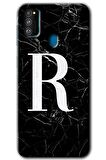 Galaxy M30s Kılıf HD Desen Baskılı Arka Kapak - Siyah Mermer Desenli R Harfi 