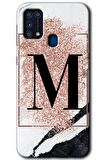 Galaxy M31 Kılıf HD Desen Baskılı Arka Kapak - Pembe Mermer Desenli M Harfi 