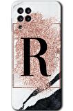 Galaxy M32 Kılıf HD Desen Baskılı Arka Kapak - Pembe Mermer Desenli R Harfi 