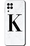Galaxy M32 Kılıf HD Desen Baskılı Arka Kapak - Beyaz Mermer Desenli K Harfi 