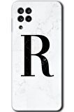 Galaxy M32 Kılıf HD Desen Baskılı Arka Kapak - Beyaz Mermer Desenli R Harfi 