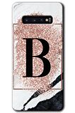 Galaxy S10 Kılıf HD Desen Baskılı Arka Kapak - Pembe Mermer Desenli B Harfi 