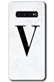 Galaxy S10 Kılıf HD Desen Baskılı Arka Kapak - Beyaz Mermer Desenli V Harfi 