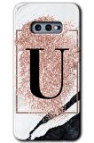 Galaxy S10e Kılıf HD Desen Baskılı Arka Kapak - Pembe Mermer Desenli U Harfi 