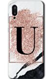 Galaxy A02 Kılıf HD Desen Baskılı Arka Kapak - Pembe Mermer Desenli U Harfi 