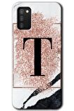 Galaxy A02s Kılıf HD Desen Baskılı Arka Kapak - Pembe Mermer Desenli T Harfi 