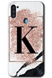 Galaxy A11 Kılıf HD Desen Baskılı Arka Kapak - Pembe Mermer Desenli K Harfi 