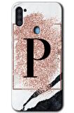 Galaxy A11 Kılıf HD Desen Baskılı Arka Kapak - Pembe Mermer Desenli P Harfi 