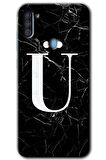 Galaxy A11 Kılıf HD Desen Baskılı Arka Kapak - Siyah Mermer Desenli Ü Harfi 