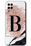 Galaxy A12 Kılıf HD Desen Baskılı Arka Kapak - Pembe Mermer Desenli B Harfi 