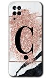 Galaxy A12 Kılıf HD Desen Baskılı Arka Kapak - Pembe Mermer Desenli Ç Harfi 
