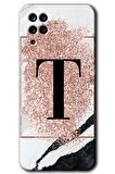 Galaxy A12 Kılıf HD Desen Baskılı Arka Kapak - Pembe Mermer Desenli T Harfi 