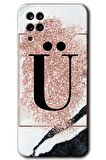 Galaxy A12 Kılıf HD Desen Baskılı Arka Kapak - Pembe Mermer Desenli Ü Harfi 