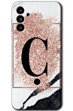 Galaxy A13 5G Kılıf HD Desen Baskılı Arka Kapak - Pembe Mermer Desenli Ç Harfi 