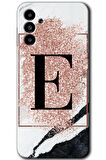 Galaxy A13 5G Kılıf HD Desen Baskılı Arka Kapak - Pembe Mermer Desenli E Harfi 