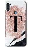 Galaxy M11 Kılıf HD Desen Baskılı Arka Kapak - Pembe Mermer Desenli T Harfi 