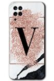Galaxy M12 Kılıf HD Desen Baskılı Arka Kapak - Pembe Mermer Desenli V Harfi 