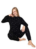 Siyah Beyaz Puantiye Bisiklet Yaka Bilek Manşet/Lastikli 2 İplik Cepli Kışlık Pijama Takımı Homewear