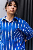  Kadın Oversize Çizgili Gömlek – Saks Mavi
