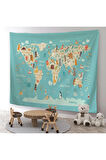 Hayvanlar Alemi Çocuk Odası Dünya Haritası Kanvas Duvar Örtüsü-Halısı 1013