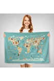 Hayvanlar Alemi Çocuk Odası Dünya Haritası Kanvas Duvar Örtüsü-Halısı 1013